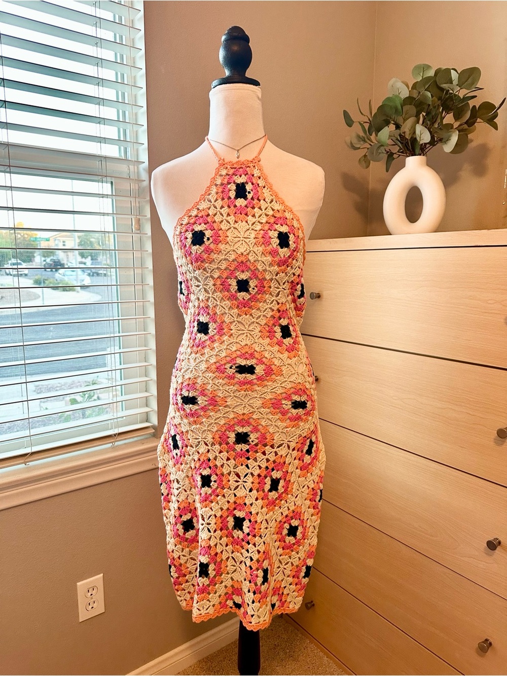 Crochet Halter Midi Dress - Pink Floral Pattern